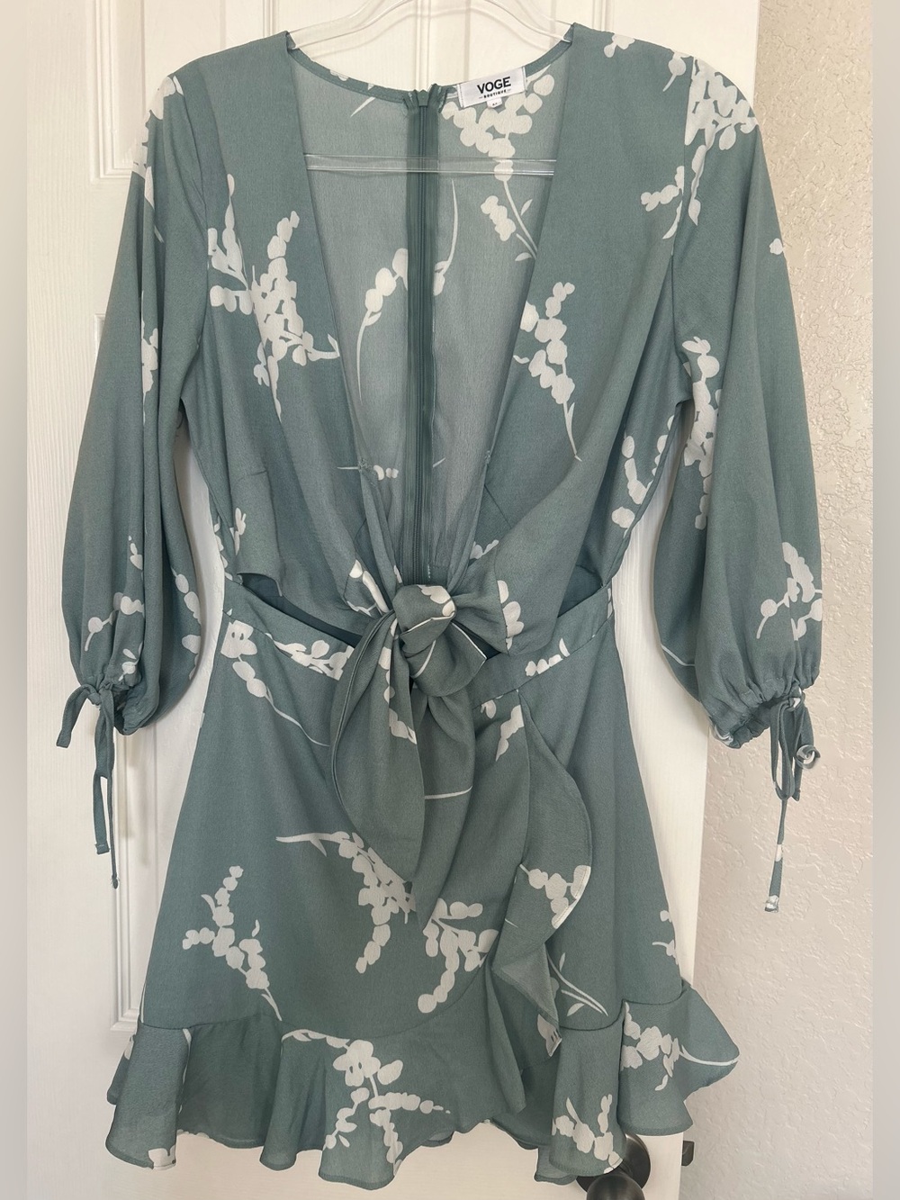 Sage Green Floral Tie-Front Mini Dress